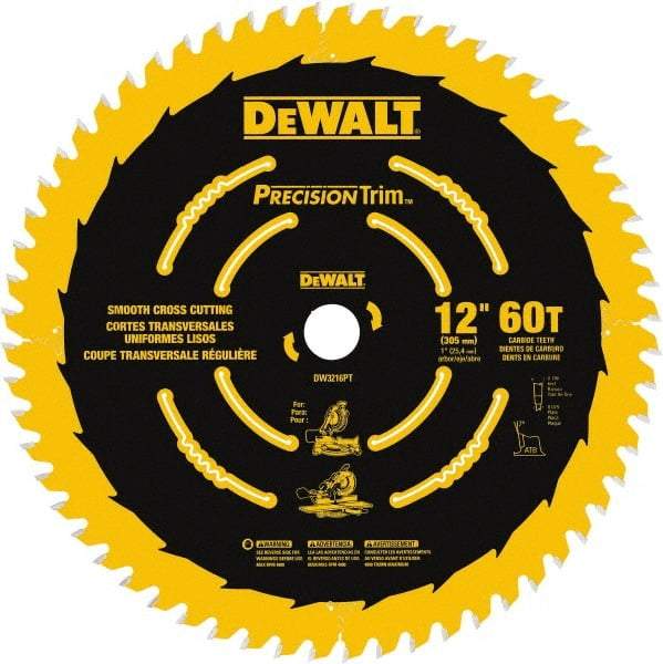 DeWALT - 12" Diam, 1" Arbor Hole Diam, 60 Tooth Wet & Dry Cut Saw Blade - Carbide-Tipped, Crosscut & Smooth Action, Standard Round Arbor - Apex Tool & Supply