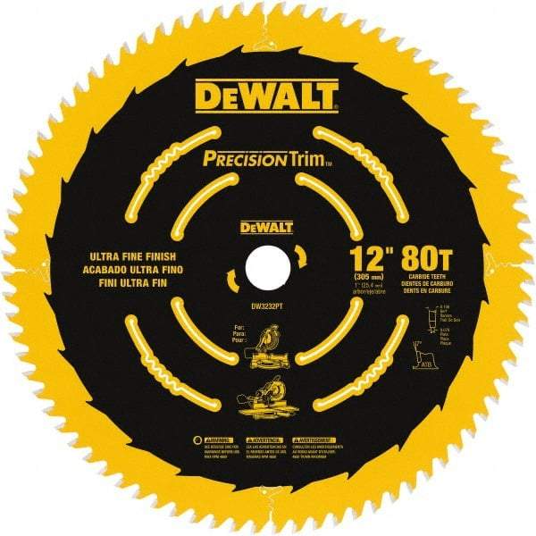 DeWALT - 12" Diam, 1" Arbor Hole Diam, 80 Tooth Wet & Dry Cut Saw Blade - Carbide-Tipped, Finishing Action, Standard Round Arbor - Apex Tool & Supply