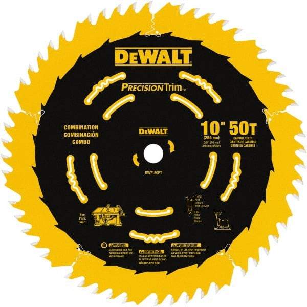 DeWALT - 10" Diam, 5/8" Arbor Hole Diam, 50 Tooth Wet & Dry Cut Saw Blade - Carbide-Tipped, Combination Action, Standard Round Arbor - Apex Tool & Supply