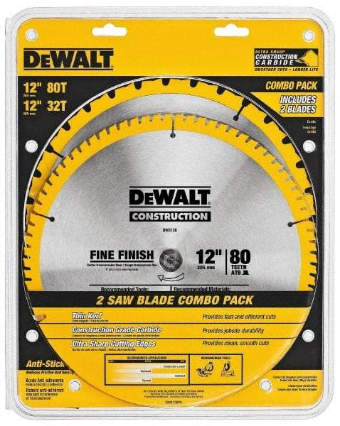 DeWALT - 12" Diam, 1" Arbor Hole Diam, 32 & 80 Tooth Wet & Dry Cut Saw Blade - Carbide-Tipped, Standard Round Arbor - Apex Tool & Supply