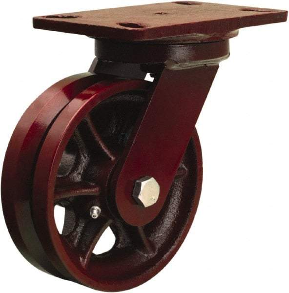 Hamilton - 6" Diam x 2" Wide, Iron Swivel Caster - 1,000 Lb Capacity, Top Plate Mount, 4-1/2" x 6-1/2" Plate, Straight Roller Bearing - Apex Tool & Supply