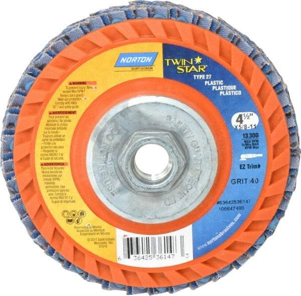 Norton - 40 Grit, 4-1/2" Disc Diam, 5/8-11 Center Hole, Type 27 Ceramic Flap Disc - 13,000 Max RPM, Plastic Backing, Arbor Attaching System, Coated - Apex Tool & Supply