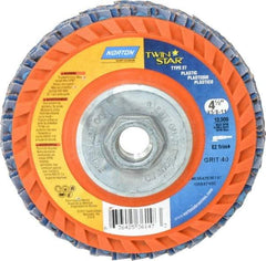 Norton - 40 Grit, 4-1/2" Disc Diam, 5/8-11 Center Hole, Type 27 Ceramic Flap Disc - 13,000 Max RPM, Plastic Backing, Arbor Attaching System, Coated - Apex Tool & Supply