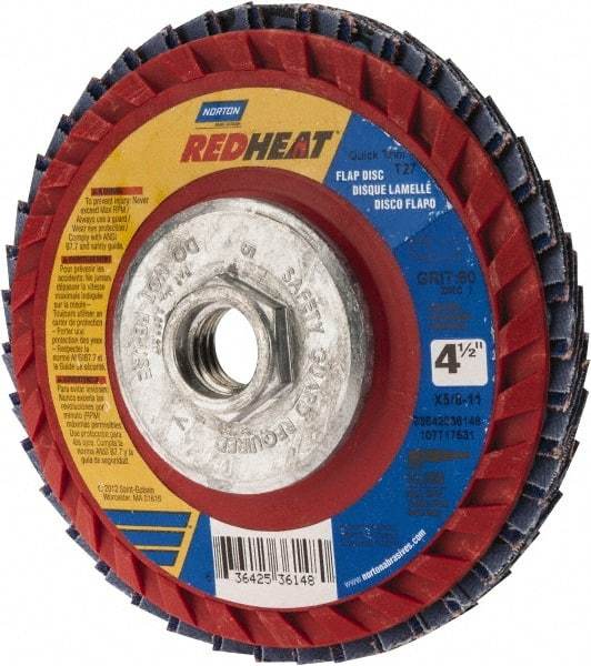 Norton - 60 Grit, 4-1/2" Disc Diam, 5/8-11 Center Hole, Type 27 Ceramic Flap Disc - 13,000 Max RPM, Plastic Backing, Arbor Attaching System, Coated - Apex Tool & Supply