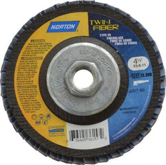 Norton - 60 Grit, 4-1/2" Disc Diam, 5/8-11 Center Hole, Type 29 Ceramic Flap Disc - 13,000 Max RPM, Fiberglass Backing, Arbor Attaching System, Coated - Apex Tool & Supply