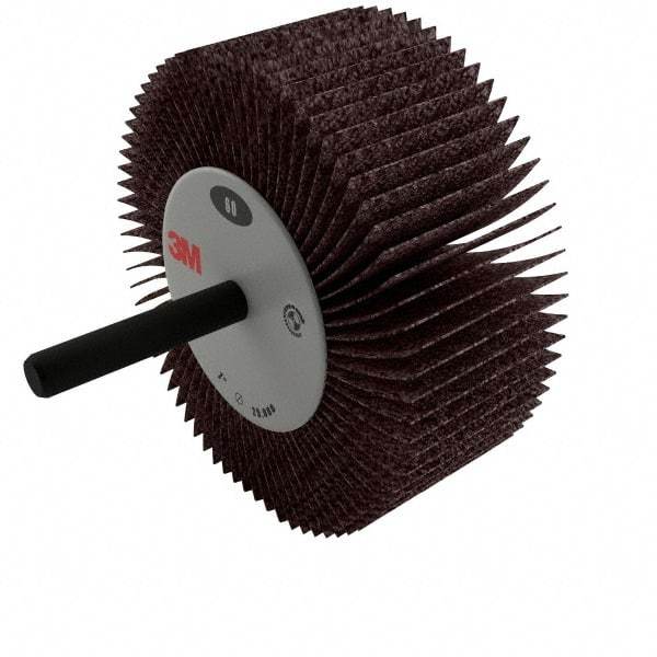 3M - 2" Diam x 1" Face Width, Medium Aluminum Oxide Coated Mounted Flap Wheel - 1/4" Shank Mount, 60 Grit, XE Weighted Cloth Backing, 25,000 Max RPM - Apex Tool & Supply