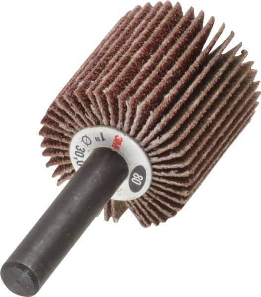 3M - 1" Diam x 1" Face Width, Medium Aluminum Oxide Coated Mounted Flap Wheel - 1/4" Shank Mount, 80 Grit, XE Weighted Cloth Backing, 30,000 Max RPM - Apex Tool & Supply