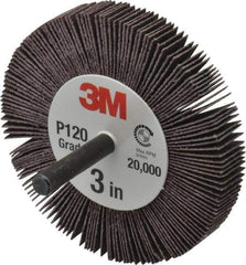 3M - 3" Diam x 1/2" Face Width, Fine Aluminum Oxide Coated Mounted Flap Wheel - 1/4" Shank Mount, 120 Grit, XE Weighted Cloth Backing, 18,000 Max RPM - Apex Tool & Supply