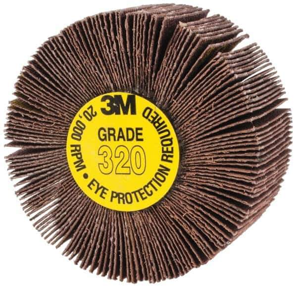 3M - 2" Diam x 1" Face Width, Extra Fine Aluminum Oxide Coated Mounted Flap Wheel - 1/4" Shank Mount, 320 Grit, XE Weighted Cloth Backing, 20,000 Max RPM - Apex Tool & Supply