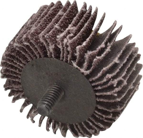 3M - 2" Diam x 1" Face Width, Coarse Aluminum Oxide Coated Mounted Flap Wheel - 1/4-20 Threaded Mount, 40 Grit, X Weighted Cloth Backing, 20,000 Max RPM - Apex Tool & Supply