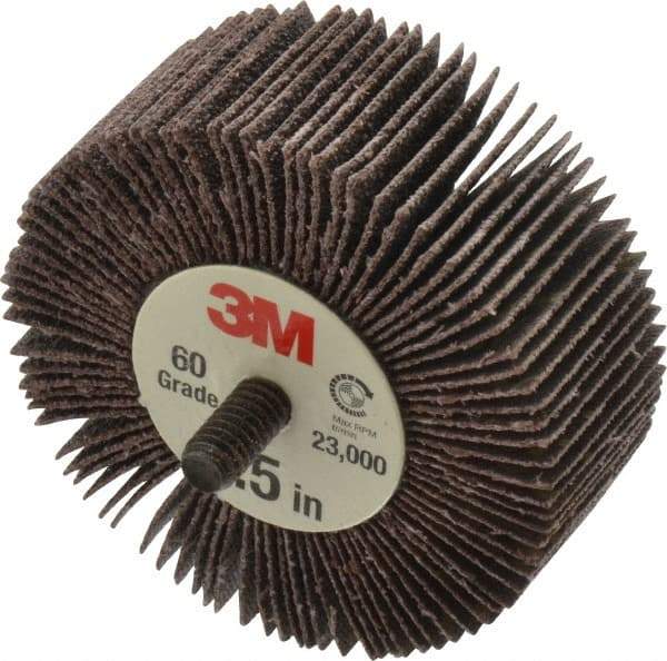 3M - 2-1/2" Diam x 1" Face Width, Medium Aluminum Oxide Coated Mounted Flap Wheel - 1/4-20 Threaded Mount, 60 Grit, XE Weighted Backing, 18,000 Max RPM - Apex Tool & Supply