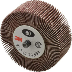 3M - 2-1/2" Diam x 1" Face Width, Medium Aluminum Oxide Coated Mounted Flap Wheel - 1/4-20 Threaded Mount, 80 Grit, XE Weighted Cloth Backing, 20,000 Max RPM - Apex Tool & Supply
