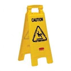 Rubbermaid - Caution, 11" Wide x 25" High, Plastic Floor Sign - English/French/Spanish, A-Frame, Black on Yellow, For Restroom, Janitorial & Housekeeping - Apex Tool & Supply