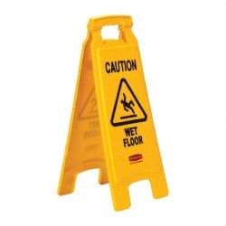 Rubbermaid - Caution - Wet Floor, 11" Wide x 25" High, Plastic Floor Sign - A-Frame, Black on Yellow, For Accident Prevention - Apex Tool & Supply