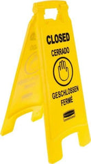 Rubbermaid - Closed, 11" Wide x 25" High, Plastic Floor Sign - English/French/German/Spanish, A-Frame, Black on Yellow, For Restroom, Janitorial & Housekeeping - Apex Tool & Supply