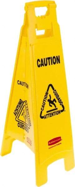Rubbermaid - Caution, 12" Wide x 37" High, Plastic Floor Sign - English/French/Spanish, A-Frame, Black on Yellow, For Restroom, Janitorial & Housekeeping - Apex Tool & Supply