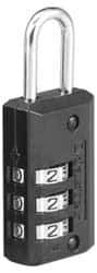 Master Lock - 1-3/16" Body Width, 7/8" Shackle Clearance, Die Cast Zinc Black Finish Combination Lock - 1/8" Shackle Diam, 3/8" Shackle Width - Apex Tool & Supply