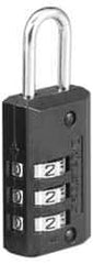 Master Lock - 1-3/16" Body Width, 7/8" Shackle Clearance, Die Cast Zinc Black Finish Combination Lock - 1/8" Shackle Diam, 3/8" Shackle Width - Apex Tool & Supply