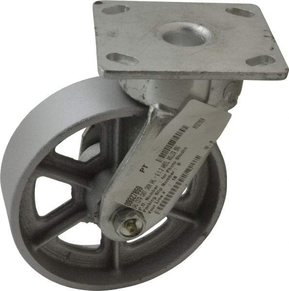 Albion - 6" Diam x 2" Wide x 7-1/2" OAH Top Plate Mount Swivel Caster - Cast Iron, 1,200 Lb Capacity, Roller Bearing, 4 x 4-1/2" Plate - Apex Tool & Supply