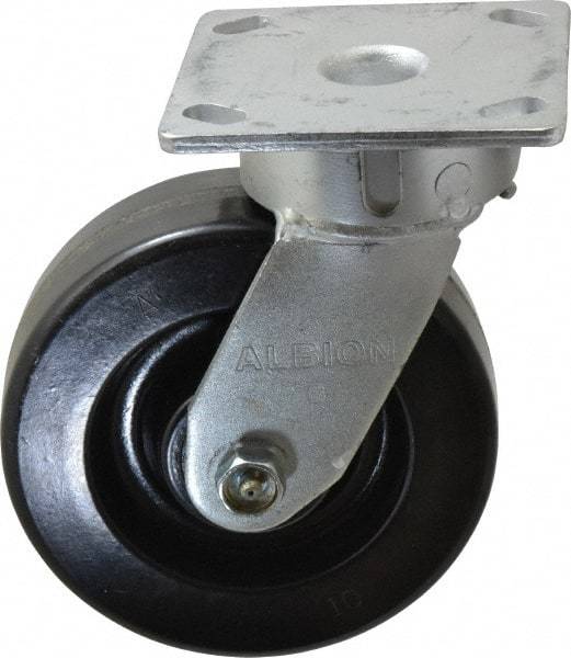 Albion - 6" Diam x 2" Wide x 7-1/2" OAH Top Plate Mount Swivel Caster - Phenolic, 1,200 Lb Capacity, Roller Bearing, 4 x 4-1/2" Plate - Apex Tool & Supply