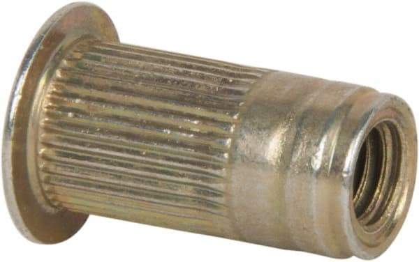 Made in USA - #10-32, 0.296 Insert Diam, 0.99" OAL, Knurled Body Closed End Threaded Insert - 0.2969" Hole Diam, 0.415" Head Diam, 1008/1010 Steel, Clear Protective Coating & Zinc Yellow Dichromate Finish - Apex Tool & Supply