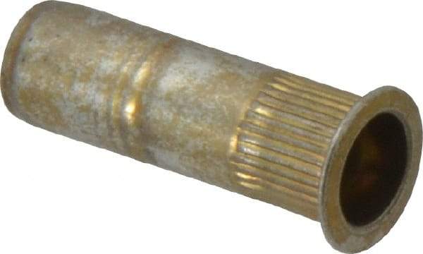 Made in USA - 1/4-20, 0.39 Insert Diam, 1.19" OAL, Knurled Body Closed End Threaded Insert - 0.3906" Hole Diam, 1/2" Head Diam, 1008/1010 Steel, Clear Protective Coating & Zinc Yellow Dichromate Finish - Apex Tool & Supply