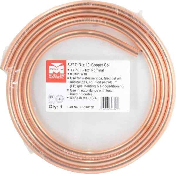 Mueller Industries - 10' Long, 5/8" OD x 0.42" ID, Copper Seamless Tube - 0.04" Wall Thickness, 0.285 Ft/Lb - Apex Tool & Supply