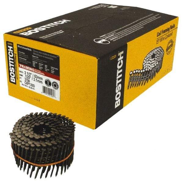 Stanley Bostitch - 0.12" Shank Diam 2-1/2" Long Framing Nails for Power Nailers - Steel, Galvanized Finish, Smooth Shank, Coil Collation, Diamond Point - Apex Tool & Supply