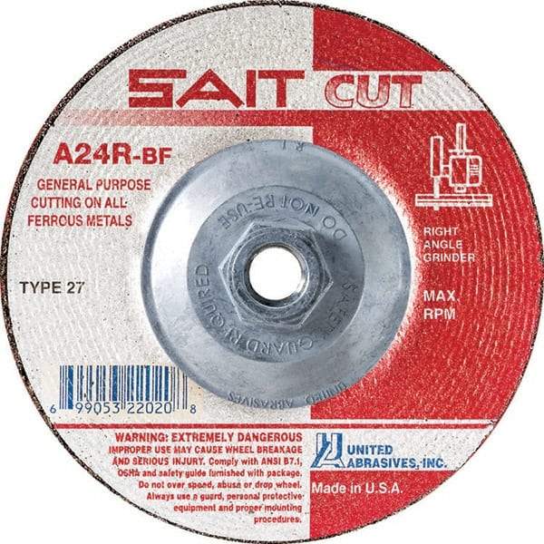 Sait - 24 Grit, 4-1/2" Wheel Diam, 3/32" Wheel Thickness, Type 27 Depressed Center Wheel - Aluminum Oxide, Resinoid Bond, R Hardness, 13,300 Max RPM, Compatible with Angle Grinder - Apex Tool & Supply