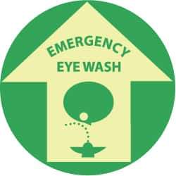 NMC - Emergency Eye Wash, Anti-Skid Polyester Floor Sign - Round, Green on Yellow (Glow), Adhesive Backed, For First Aid - Apex Tool & Supply