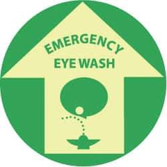 NMC - Emergency Eye Wash, Anti-Skid Polyester Floor Sign - Round, Green on Yellow (Glow), Adhesive Backed, For First Aid - Apex Tool & Supply