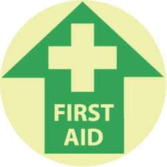 NMC - First Aid, Anti-Skid Polyester Floor Sign - Round, Green on Yellow (Glow), Adhesive Backed, For First Aid - Apex Tool & Supply