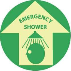 NMC - Emergency Shower, Anti-Skid Polyester Floor Sign - Round, Green on Yellow (Glow), Adhesive Backed, For First Aid - Apex Tool & Supply
