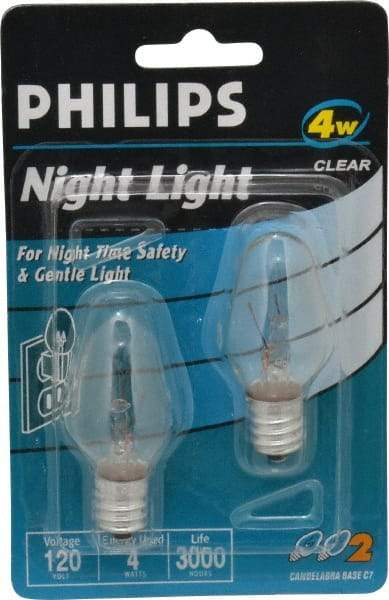 Philips - 4 Watt Incandescent Residential/Office Candelabra Screw Lamp - 2,700°K Color Temp, 16 Lumens, 120 Volts, Dimmable, C7, 3,000 hr Avg Life - Apex Tool & Supply