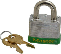 Master Lock - Keyed Alike Retaining Key Conductive Lockout Padlock - 3/4" Shackle Clearance, 9/32" Shackle Diam, 1-1/4" Body Height x 1-9/16" Body Width, Green, 4 Pins - Apex Tool & Supply