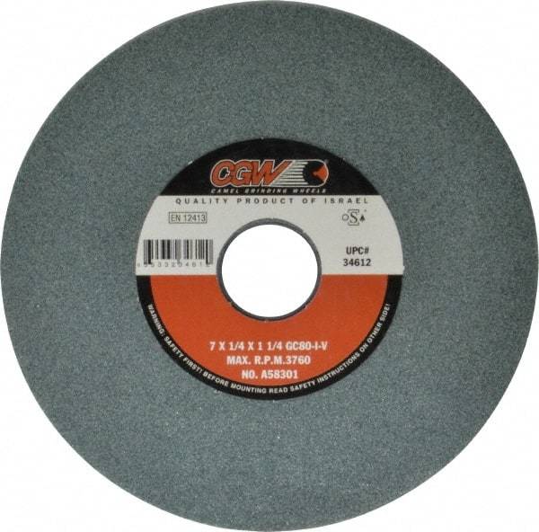Camel Grinding Wheels - 7" Diam x 1-1/4" Hole x 1/4" Thick, I Hardness, 80 Grit Surface Grinding Wheel - Silicon Carbide, Type 1, Medium Grade, 3,760 Max RPM, Vitrified Bond, No Recess - Apex Tool & Supply