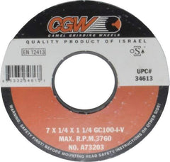 Camel Grinding Wheels - 7" Diam x 1-1/4" Hole x 1/4" Thick, I Hardness, 100 Grit Surface Grinding Wheel - Silicon Carbide, Type 1, Fine Grade, 3,760 Max RPM, Vitrified Bond, No Recess - Apex Tool & Supply