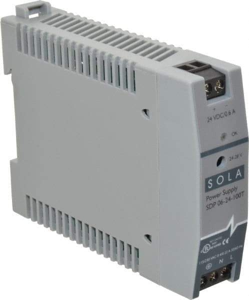 Sola/Hevi-Duty - 100 Watt, 0.60 Amp, 264 VAC, 375 VDC Input, 24 to 28 VDC Output, DIN Rail Power Supply - Screw Terminal Connection, 1 Output, 0.9 Inch Wide x 3.8 Inch Deep x 2.95 Inch High, Up to 80% Efficiency, 14 to 140°F, Green LED Display - Apex Tool & Supply