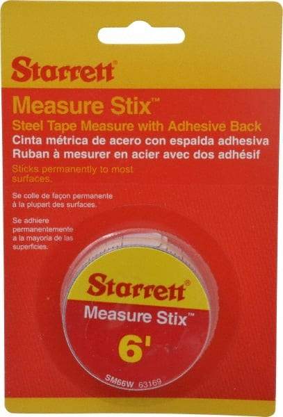 Starrett - 6 Ft. Long x 3/4 Inch Wide, 1/32 and 1/16 Inch Graduation, White, Steel Adhesive Tape Measure - Apex Tool & Supply