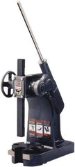Dake - 1-1/4" Ram, 7" Throat Depth, 3 Ton Manual Arbor Press - 10-3/4" Max Work Height x 14" Max Work Width, Ratchet Leverage, 48:1 Leverage Ratio, 7-1/4" Base Width x 18" Base Depth - Apex Tool & Supply