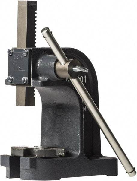 Dake - 1" Ram, 3-1/2" Throat Depth, 1 Ton Manual Arbor Press - 4-1/2" Max Work Height x 7" Max Work Width, Single Leverage, 25:1 Leverage Ratio, 4-1/4" Base Width x 9" Base Depth - Apex Tool & Supply