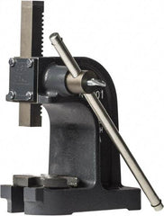 Dake - 1" Ram, 3-1/2" Throat Depth, 1 Ton Manual Arbor Press - 4-1/2" Max Work Height x 7" Max Work Width, Single Leverage, 25:1 Leverage Ratio, 4-1/4" Base Width x 9" Base Depth - Apex Tool & Supply