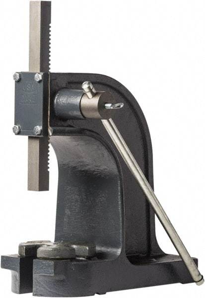 Dake - 1" Ram, 4-1/2" Throat Depth, 1-1/2 Ton Manual Arbor Press - 7-1/8" Max Work Height x 9" Max Work Width, Single Leverage, 32:1 Leverage Ratio, 6" Base Width x 14" Base Depth - Apex Tool & Supply