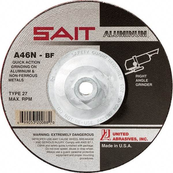 Sait - 46 Grit, 7" Wheel Diam, 1/4" Wheel Thickness, Type 27 Depressed Center Wheel - Aluminum Oxide, Resinoid Bond, N Hardness, 8,500 Max RPM, Compatible with Angle Grinder - Apex Tool & Supply