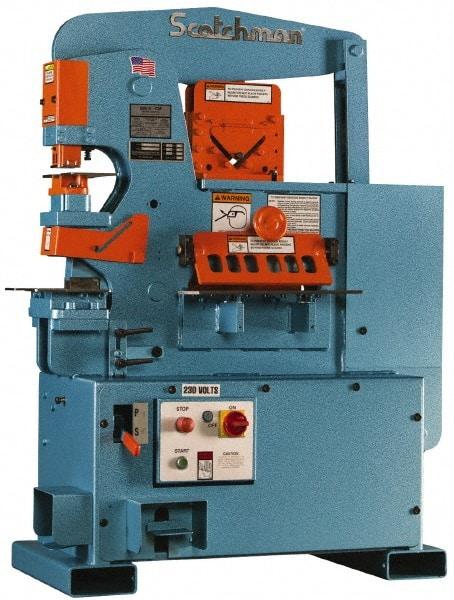 Scotchman - 6" Throat Depth, 50 Ton Punch Pressure, 1-1/4" in 1/2" & 13/16" in 3/4" Punch Capacity Ironworker - 3 hp, 3 Phase, 208/380/575 (Standard), 220 (Optional) & 230/460 (Standard) Volts, 47" Wide x 59" High x 29" Deep - Apex Tool & Supply