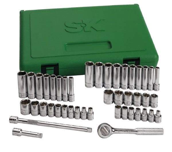 SK - 44 Piece 1/4" Drive Standard Deep Socket Set - 6 Points, 3/16 to 9/16", 4 to 15mm, Inch/Metric Measurement Standard - Apex Tool & Supply