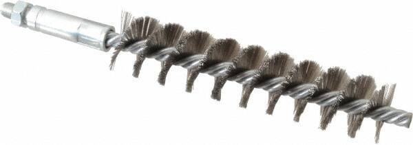 Schaefer Brush - 4" Brush Length, 7/8" Diam, Double Stem, Single Spiral Tube Brush - 6-1/4" Long, Stainless Steel, 1/4-28 Male Connection - Apex Tool & Supply