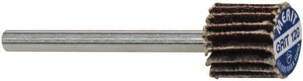 Merit Abrasives - 3/8" Diam x 3/8" Face Width, Fine Aluminum Oxide Coated Mounted Flap Wheel - 1/8" Shank Mount, 120 Grit, Cloth Backing, 40,000 Max RPM - Apex Tool & Supply