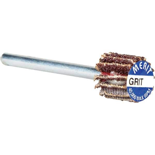 Merit Abrasives - 3/8" Diam x 3/8" Face Width, Very Fine Aluminum Oxide Coated Mounted Flap Wheel - 1/8" Shank Mount, 240 Grit, Cloth Backing, 40,000 Max RPM - Apex Tool & Supply