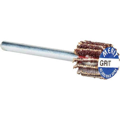Merit Abrasives - 3/8" Diam x 3/8" Face Width, Very Fine Aluminum Oxide Coated Mounted Flap Wheel - 1/8" Shank Mount, 240 Grit, Cloth Backing, 40,000 Max RPM - Apex Tool & Supply